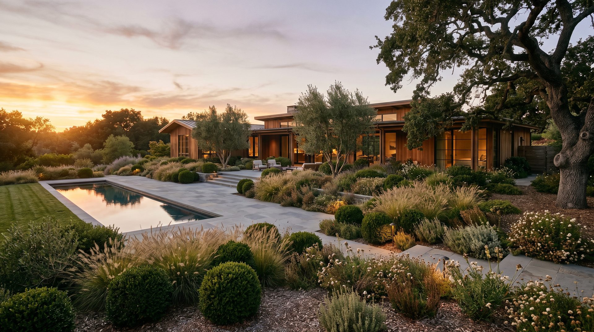 A modern-organic backyard at golden hour with layered plantings and a reflecting pool.