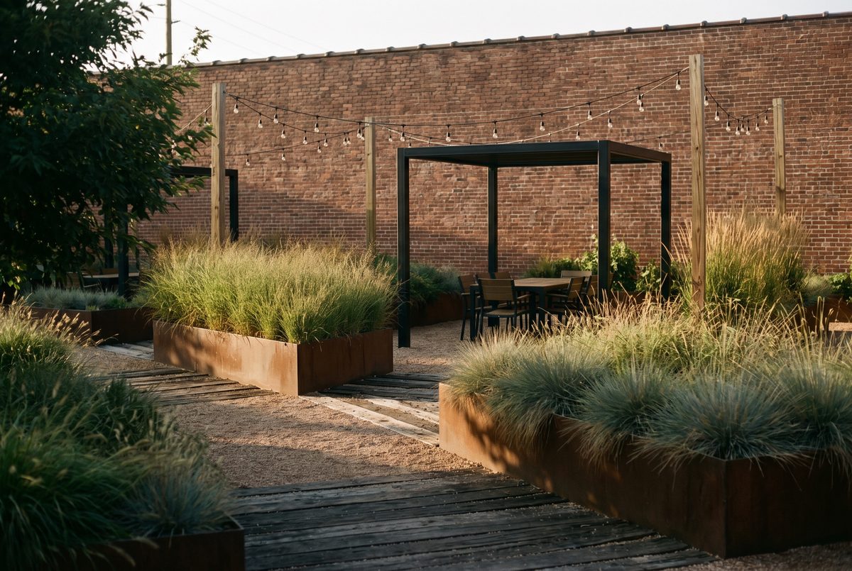 An industrial-modern backyard with reclaimed steel planters, prairie grasses and warm string lights.