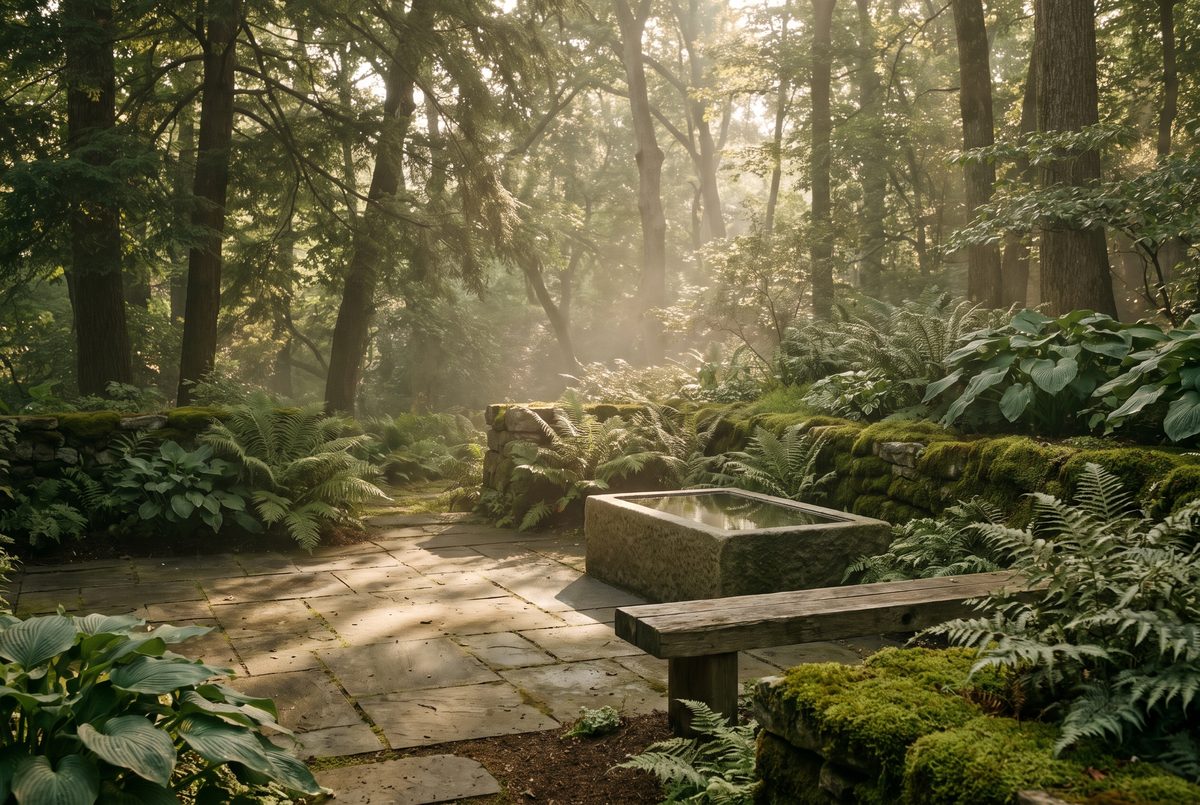 A shaded woodland courtyard with ferns, moss, bluestone paving and a still stone water basin.